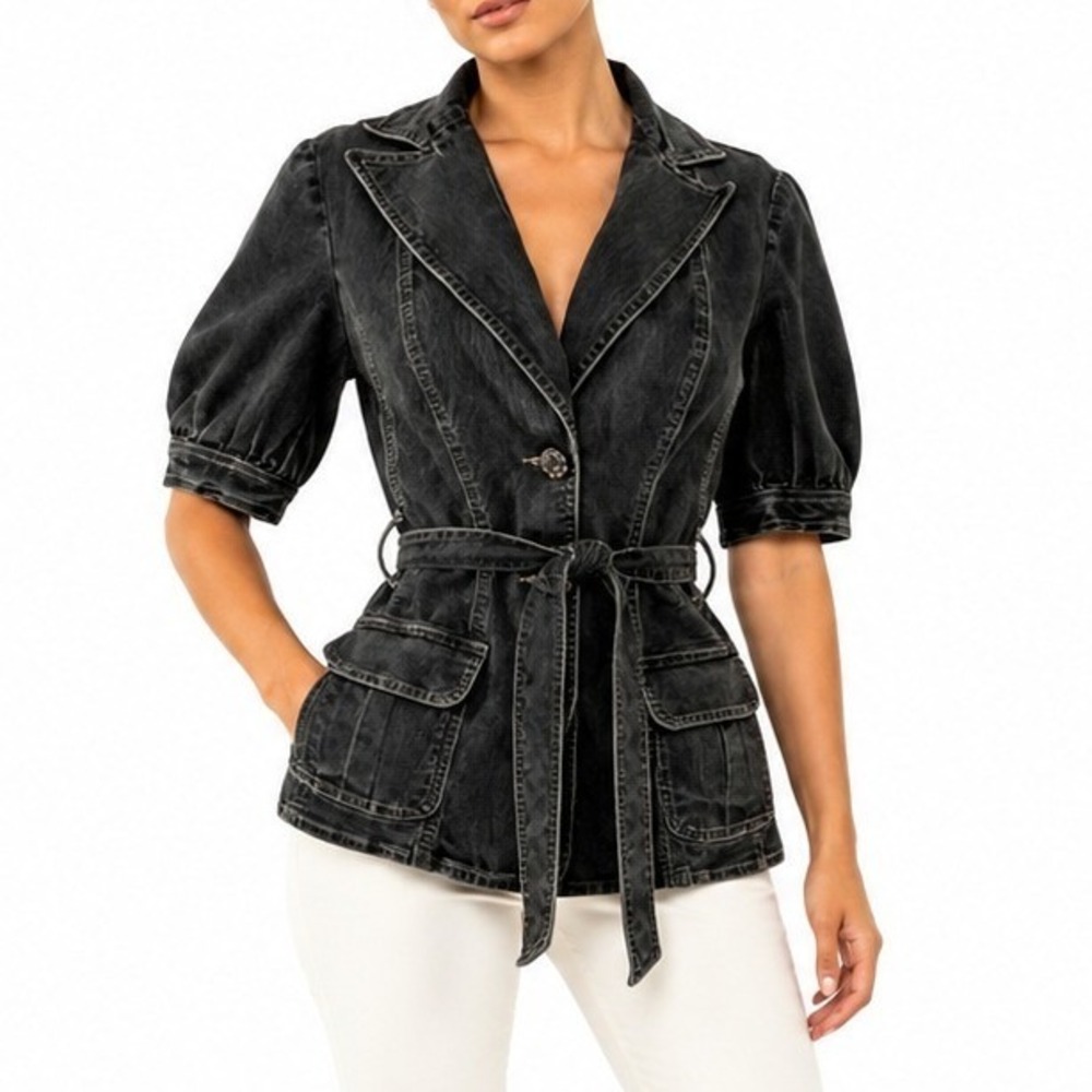 Y2K Bisou Bisou Denim Jacket Womens Small Black Safari Belted Short Puff Sleeve